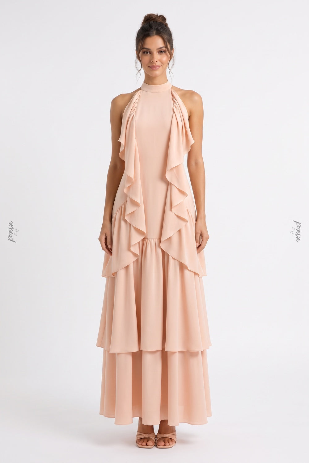 Pale Peach Lightweight Crepe A-Line Tiered Dress pale peach lightweight crepe dress - product view 1
