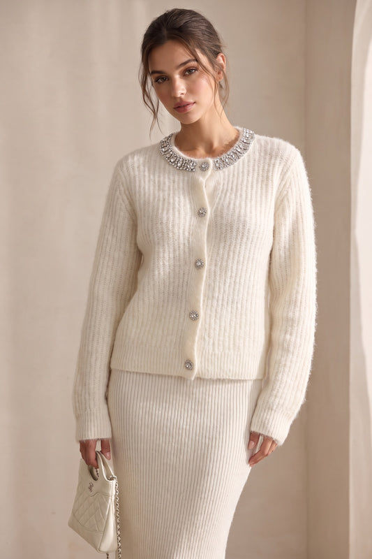 Off-White Fuzzy Knit Cardigan & Midi Skirt Set with Crystal Neckline Trim Off-white, Cream Fuzzy knit (mohair or angora blend) Two-piece knit set (cardigan and skirt) - product view 1
