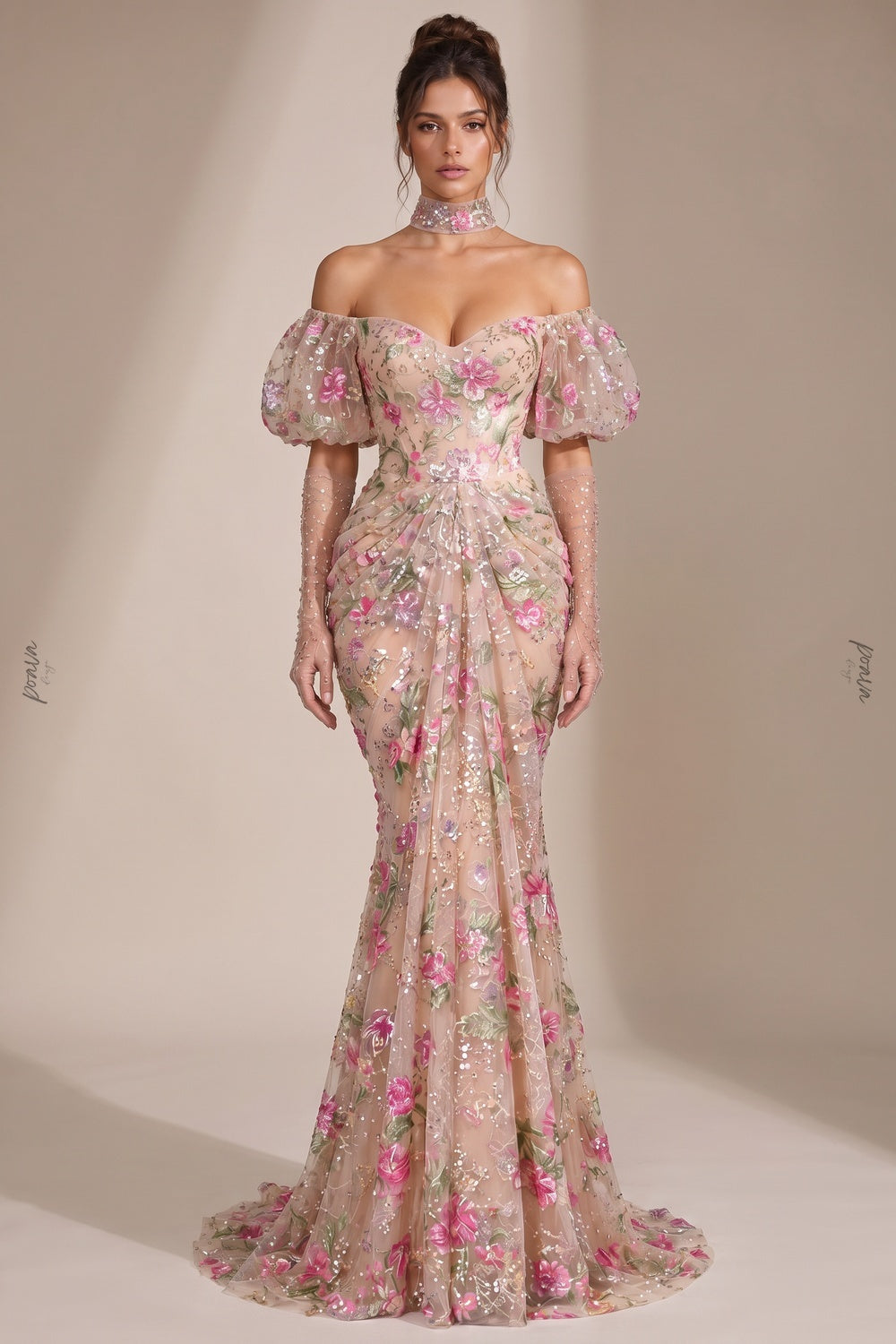 Nude Embroidered Tulle Mesh Mermaid Gown with Floral Sequin Detailing nude, beige embroidered tulle mesh gown - product view 1