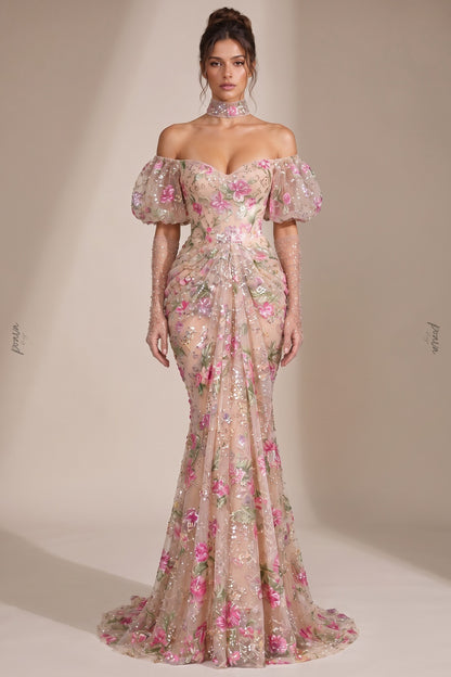 Nude Embroidered Tulle Mesh Mermaid Gown with Floral Sequin Detailing nude, beige embroidered tulle mesh gown - product view 1