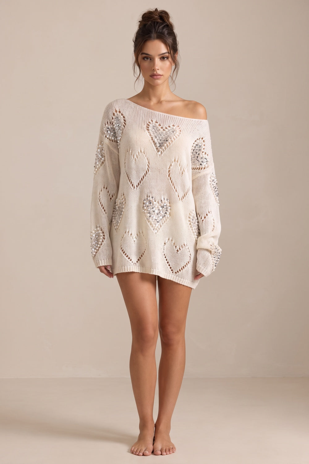 Cream Open-Work Knit Oversized Sweater with Silver Heart Embellishments cream, off-white open-work knit yarn sweater - product view 1