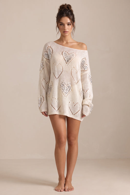Cream Open-Work Knit Oversized Sweater with Silver Heart Embellishments cream, off-white open-work knit yarn sweater - product view 1