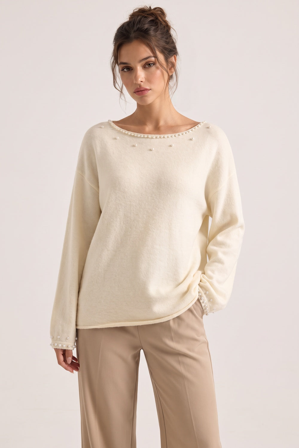 Relaxed Cream Knit Sweater with Pearl Bead Embellishments cream, off-white fine-gauge knit sweater - product view 1