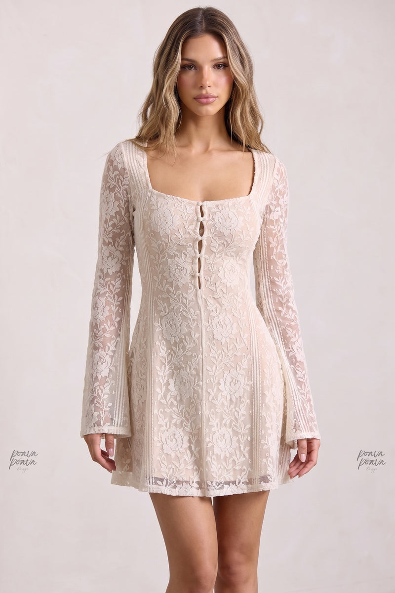 Cream Floral Lace Overlay Fit-and-Flare Dress