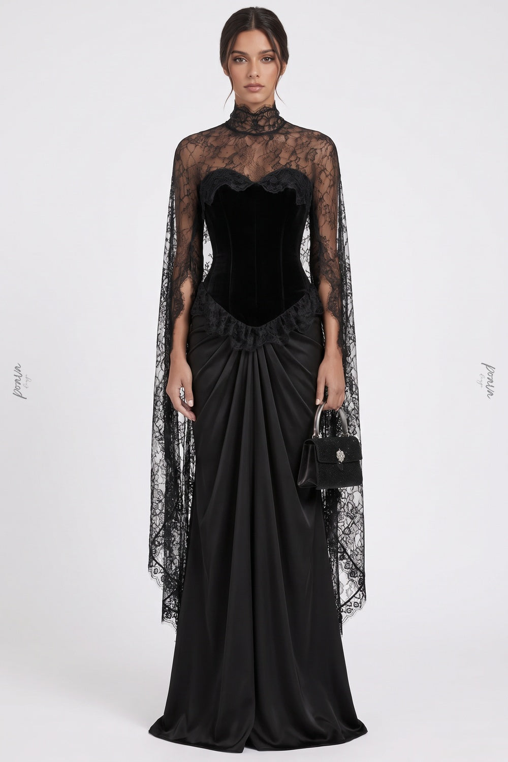 Black Velvet Corset Evening Gown with Lace Cape Sleeves and Satin Skirt black velvet bodice, satin skirt evening gown - product view 1