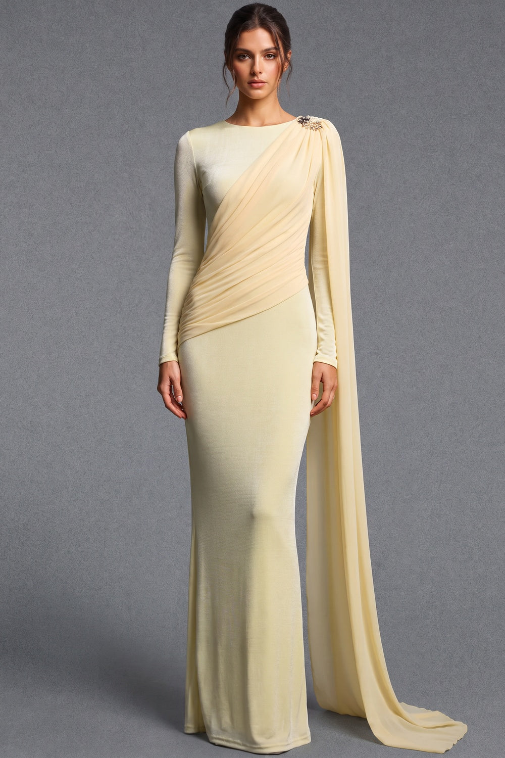Pale Yellow Fine Stretch Knit Column Evening Gown with Asymmetric Draped Cape pale yellow fine stretch knit evening gown - product view 1