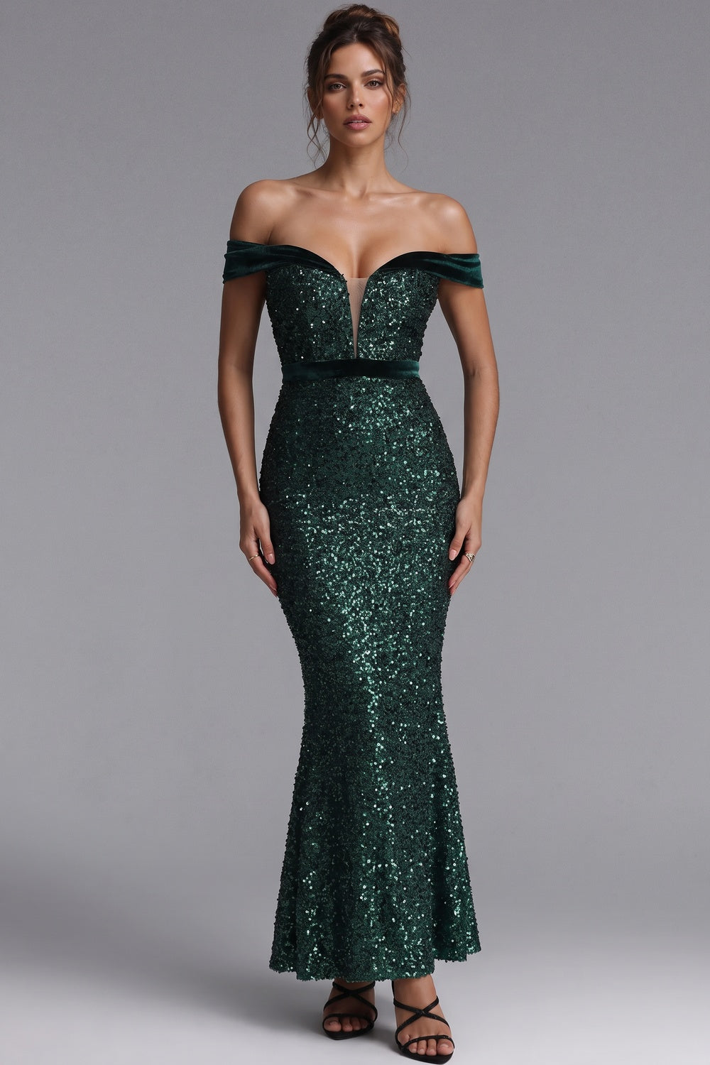 Emerald Green Sequin Mermaid Evening Gown with Off-the-Shoulder Velvet Bands emerald green sequined mesh evening gown - product view 1