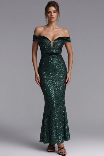 Emerald Green Sequin Mermaid Evening Gown with Off-the-Shoulder Velvet Bands emerald green sequined mesh evening gown - product view 1