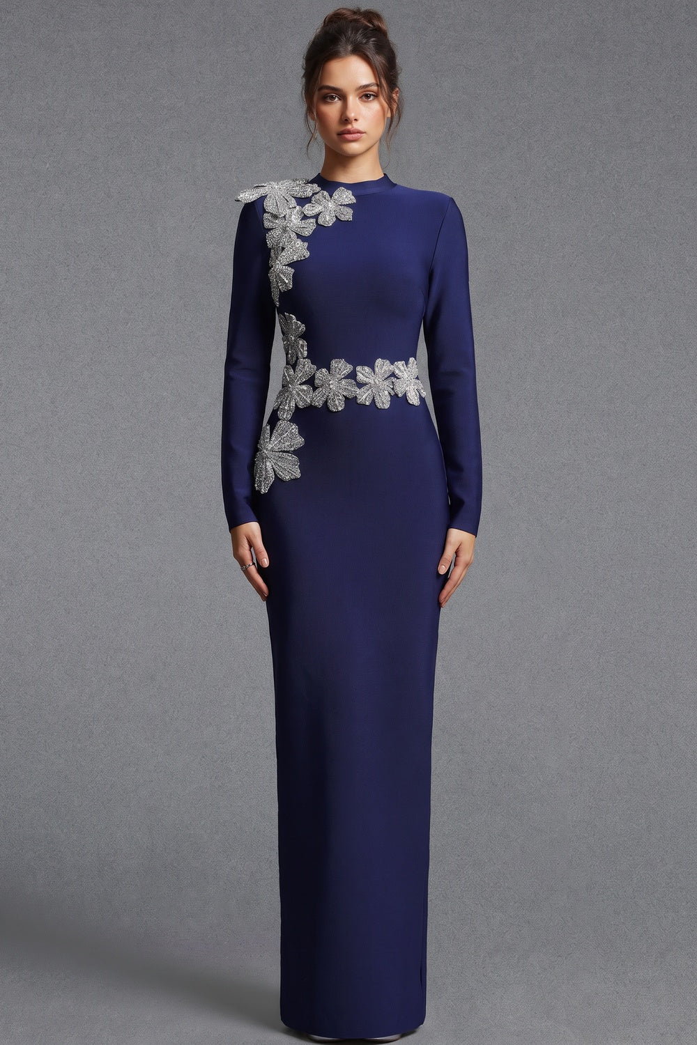 Navy Blue Heavy Crepe Column Evening Gown with Silver Floral Appliqué navy blue heavy crepe evening gown - product view 1