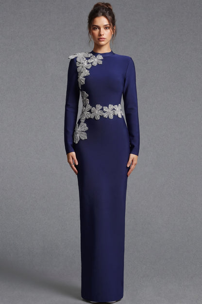 Navy Blue Heavy Crepe Column Evening Gown with Silver Floral Appliqué navy blue heavy crepe evening gown - product view 1