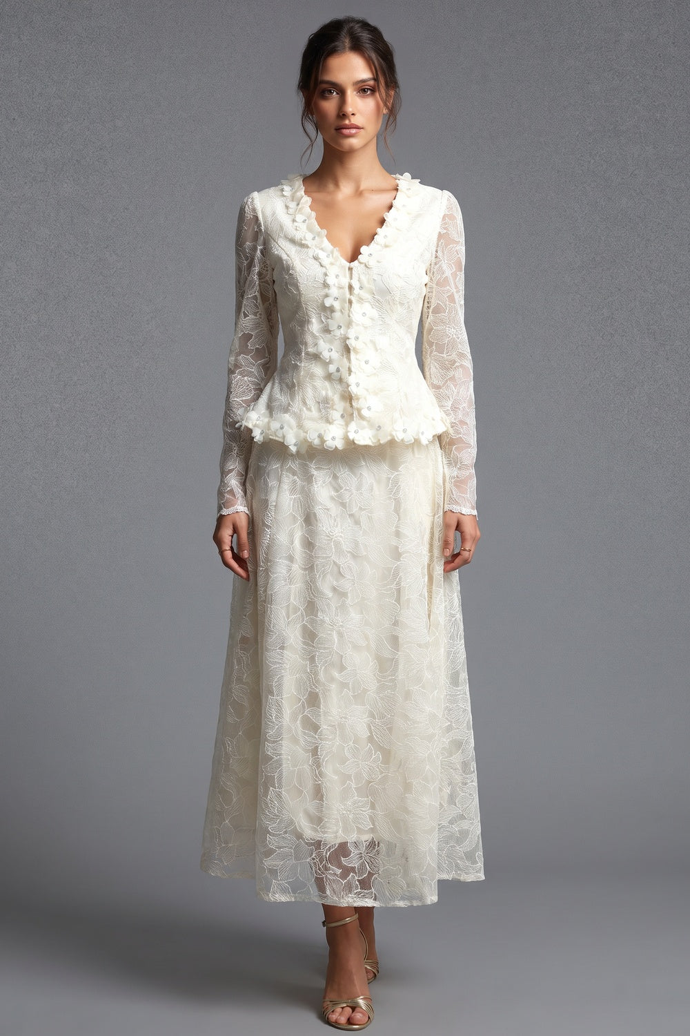 Cream Floral Lace Peplum Top & A-Line Midi Skirt Two-Piece Set cream, ivory floral lace overlay two-piece skirt set - product view 1