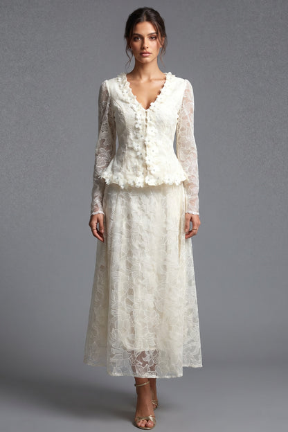 Cream Floral Lace Peplum Top & A-Line Midi Skirt Two-Piece Set cream, ivory floral lace overlay two-piece skirt set - product view 1