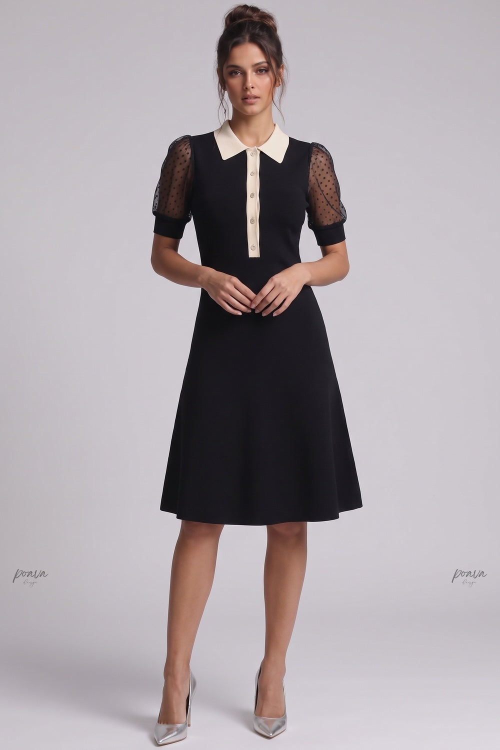 Black Fine Knit A-Line Dress with Contrast Collar black fine knit dress - product view 1
