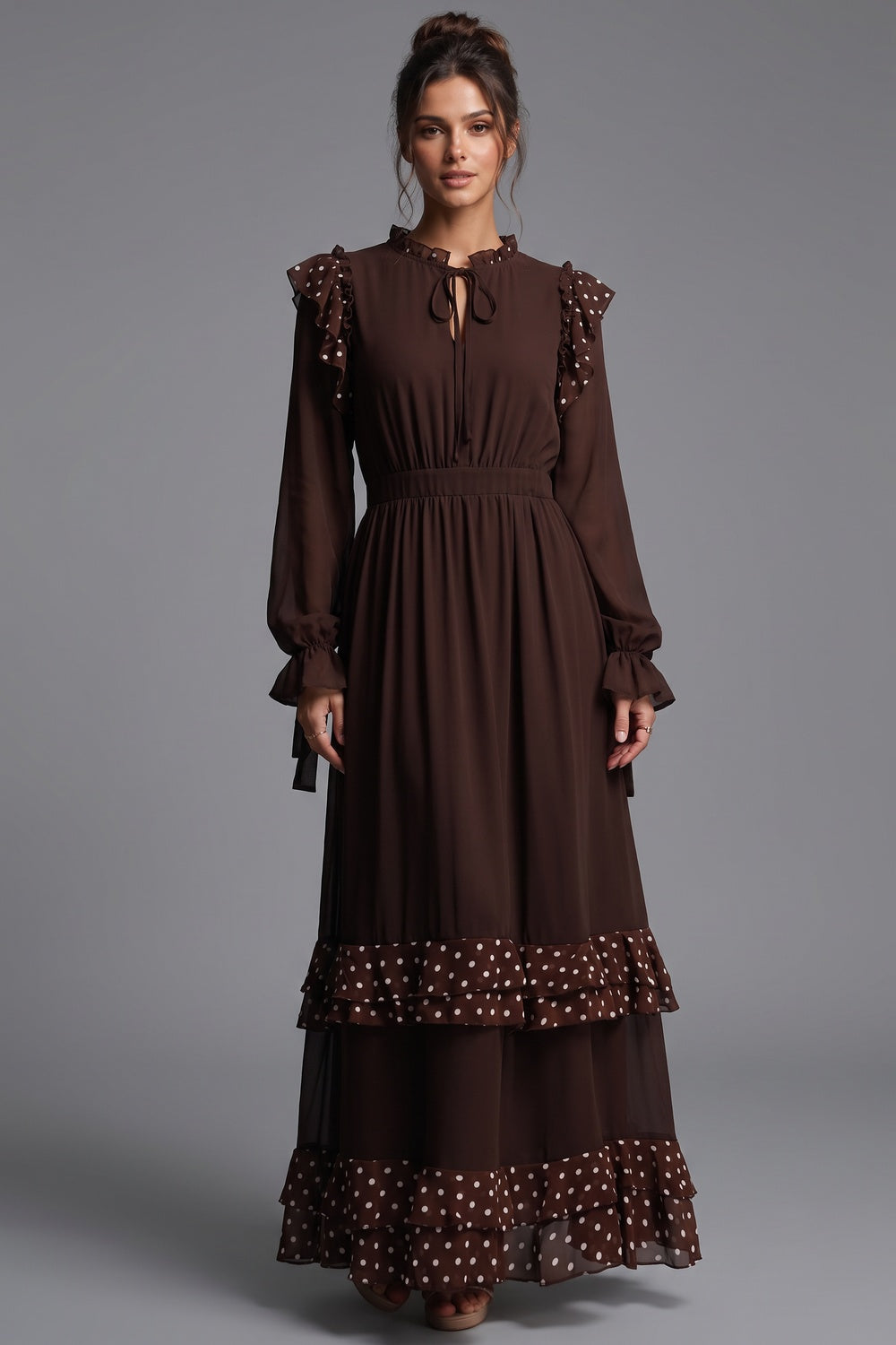 Dark Brown Chiffon A-Line Tiered Maxi Dress dark brown chiffon maxi dress - product view 1