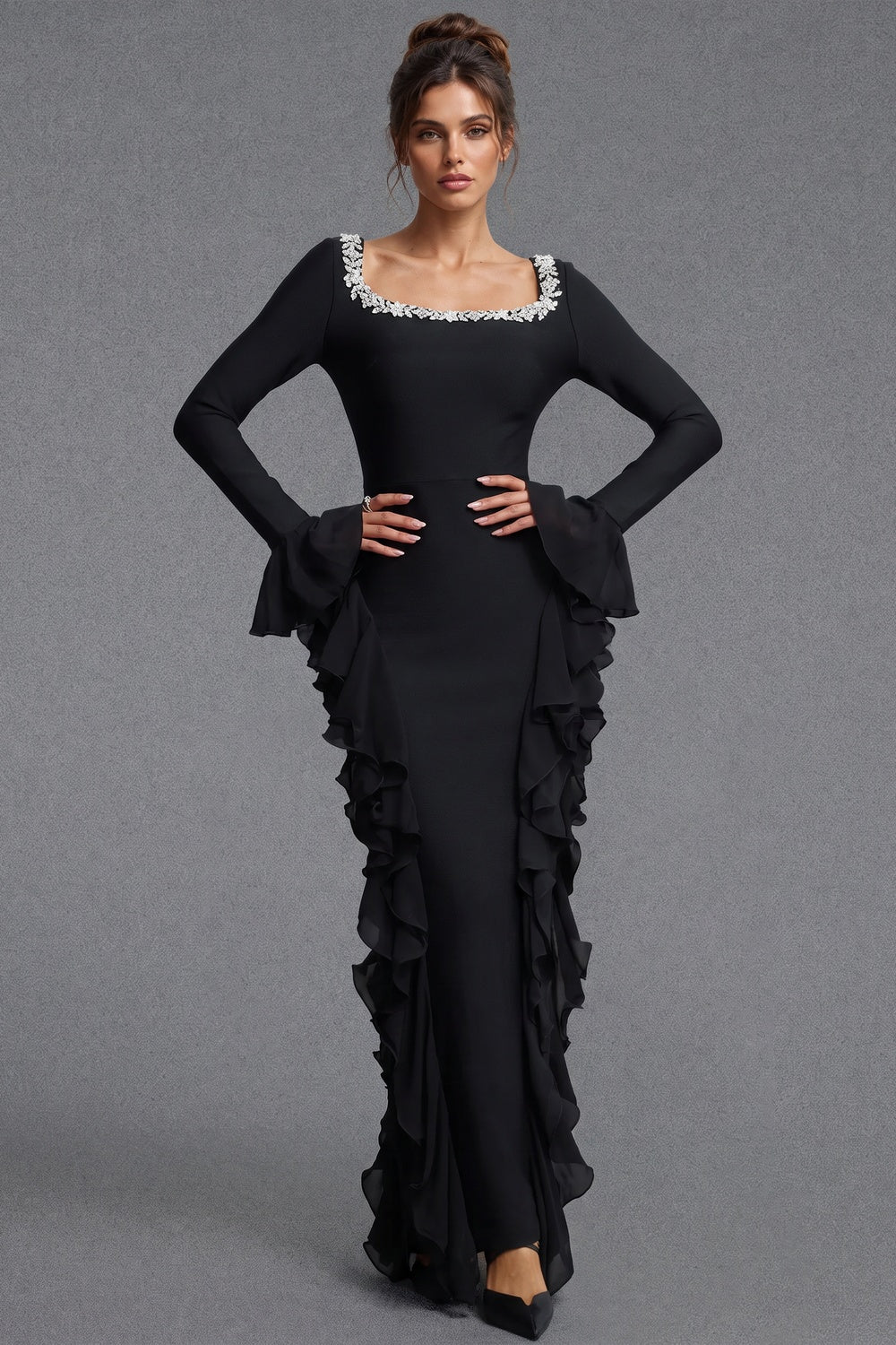 Black Heavy Stretch Crepe Sheath Evening Gown with Dramatic Side Ruffles black heavy stretch crepe evening gown - product view 1