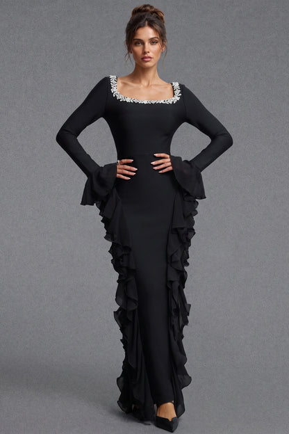 Black Heavy Stretch Crepe Sheath Evening Gown with Dramatic Side Ruffles black heavy stretch crepe evening gown - product view 1