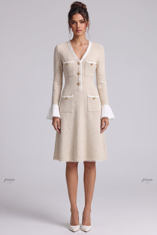 Beige Textured Bouclé Knit A-Line Midi Dress beige textured boucle knit dress - product view 1