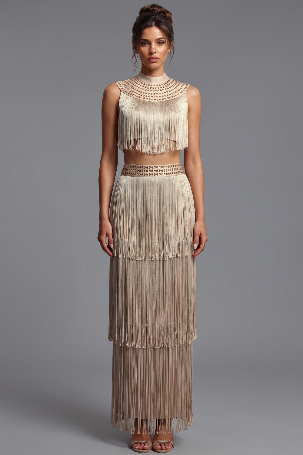 Champagne Satin Fringe Two-Piece Set with Metallic Studded Detail champagne, beige satin base with dense rayon fringe two-piece set - product view 1