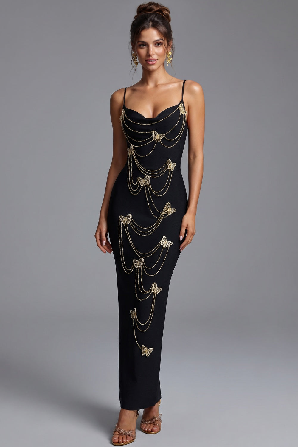 Black Heavy Knit Crepe Column Maxi Dress with Gold Butterfly Embellishment black heavy knit crepe maxi dress - product view 1
