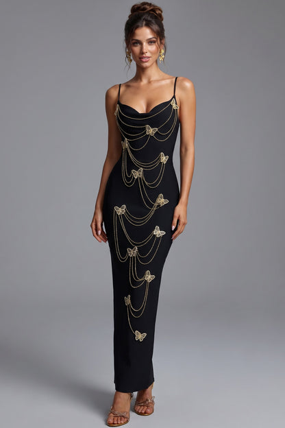 Black Heavy Knit Crepe Column Maxi Dress with Gold Butterfly Embellishment black heavy knit crepe maxi dress - product view 1