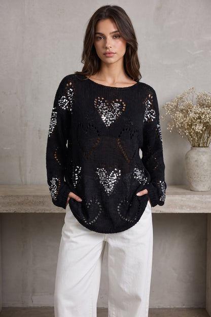 Black Open-Work Knit Oversized Sweater with Silver Sequin Hearts black open-work knit sweater - product view 1