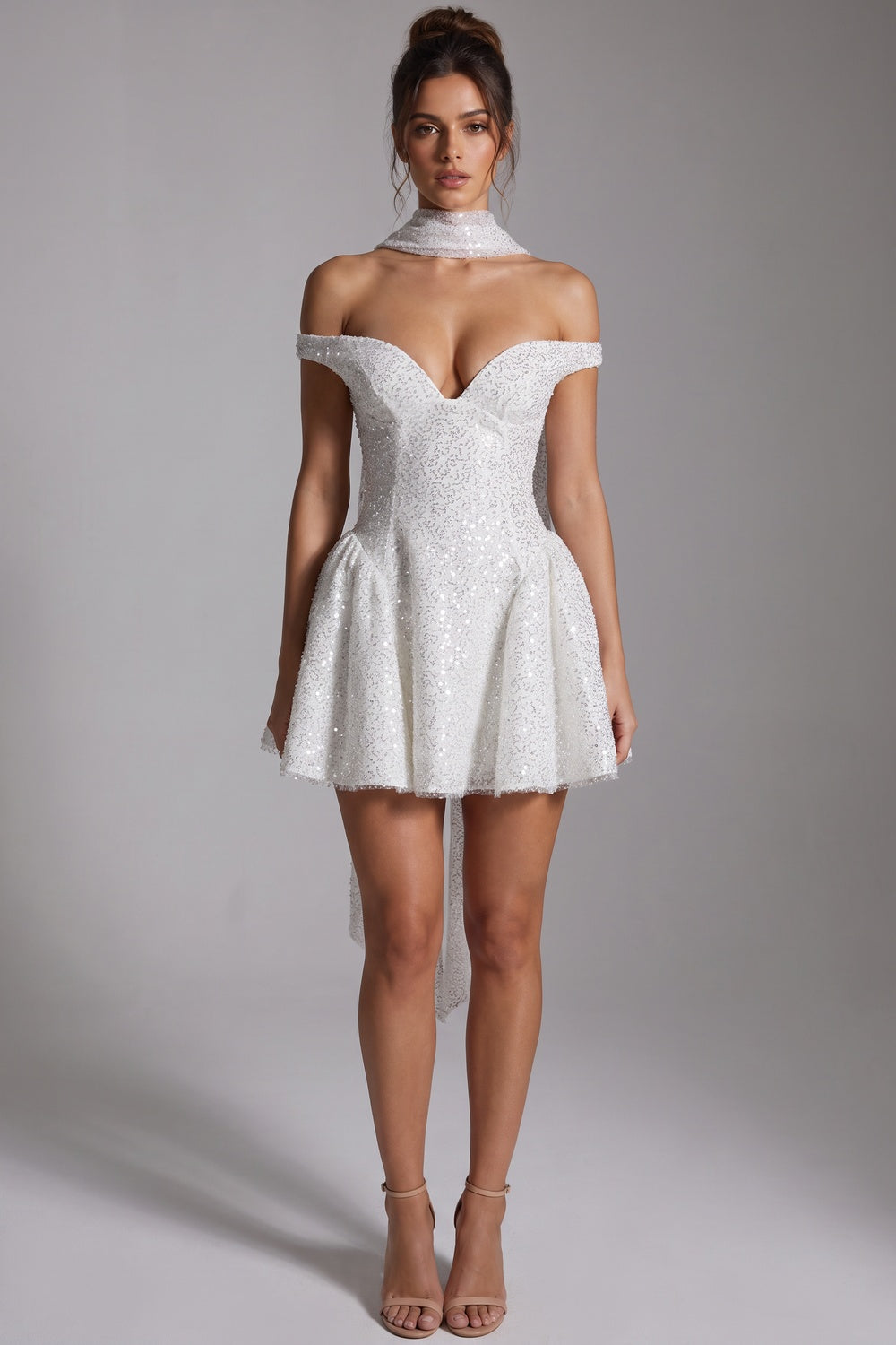 White Sequined Mesh Fit-and-Flare Mini Dress with Matching Neck Scarf white, silver sequined mesh mini dress with matching neck scarf - product view 1