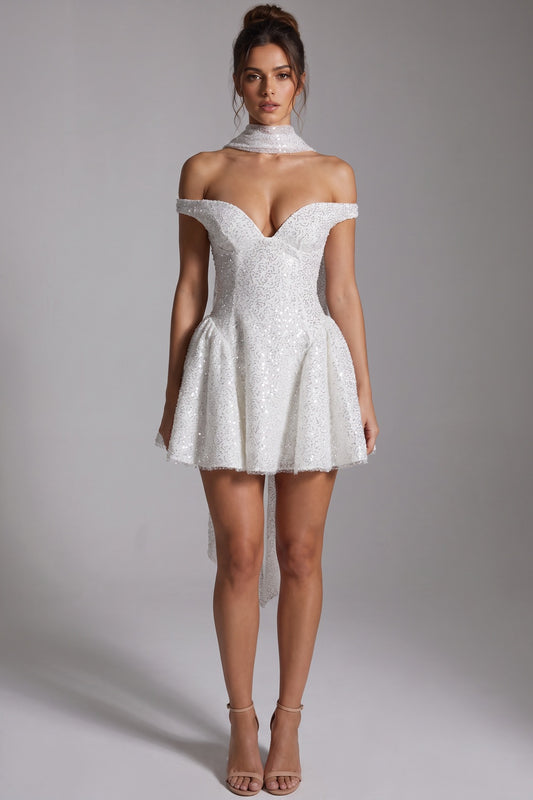 White Sequined Mesh Fit-and-Flare Mini Dress with Matching Neck Scarf white, silver sequined mesh mini dress with matching neck scarf - product view 1