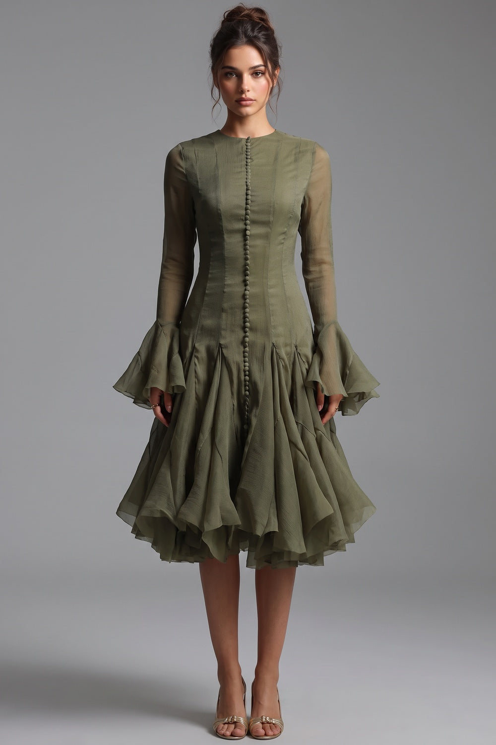 Olive Green Sheer Chiffon Fit-and-Flare Midi Dress olive green sheer chiffon dress - product view 1
