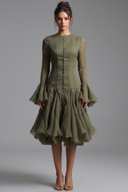 Olive Green Sheer Chiffon Fit-and-Flare Midi Dress olive green sheer chiffon dress - product view 1