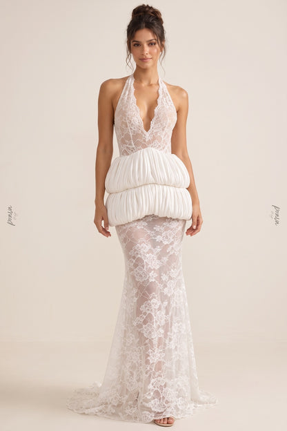 White Floral Lace Mermaid Gown with Bubble Peplum white floral lace gown - product view 1