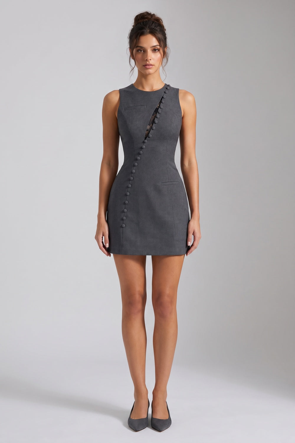 Charcoal Grey Structured Wool-Blend Suiting Sheath Mini Dress charcoal grey structured wool-blend suiting mini dress - product view 1