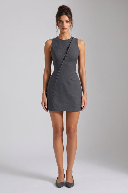 Charcoal Grey Structured Wool-Blend Suiting Sheath Mini Dress charcoal grey structured wool-blend suiting mini dress - product view 1