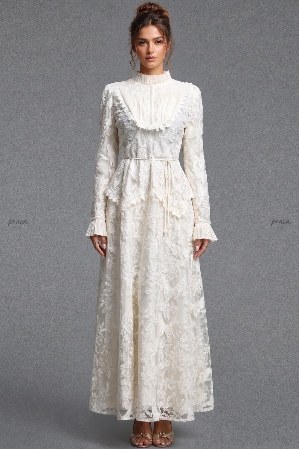 Ivory Floral Embroidered Lace A-line Maxi Dress with Tiered Waist Overlay Ivory Floral embroidered lace Maxi dress - product view 1