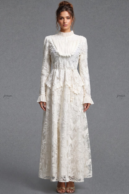 Ivory Floral Embroidered Lace A-line Maxi Dress with Tiered Waist Overlay Ivory Floral embroidered lace Maxi dress - product view 1
