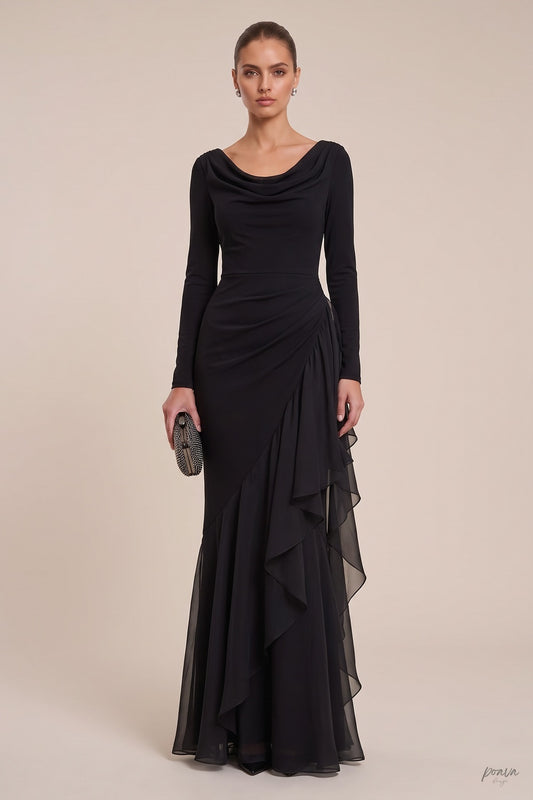 Black Mermaid Evening Gown with Sheer Ruffle Detail black opaque matte crepe evening gown - product view 1
