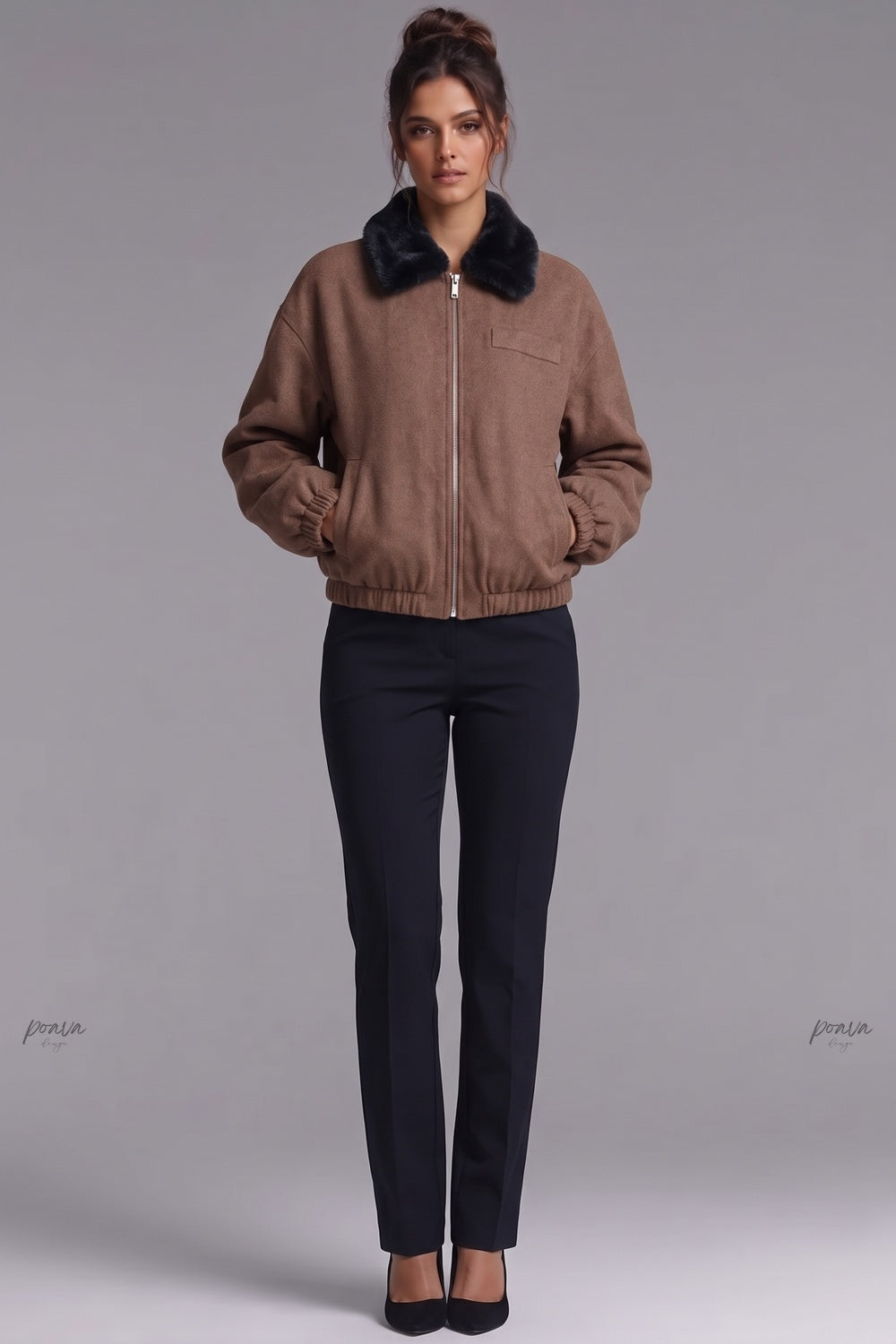 Medium Brown Boxy Bomber Jacket with Faux Fur Collar medium brown brushed woven fabric bomber jacket - product view 1