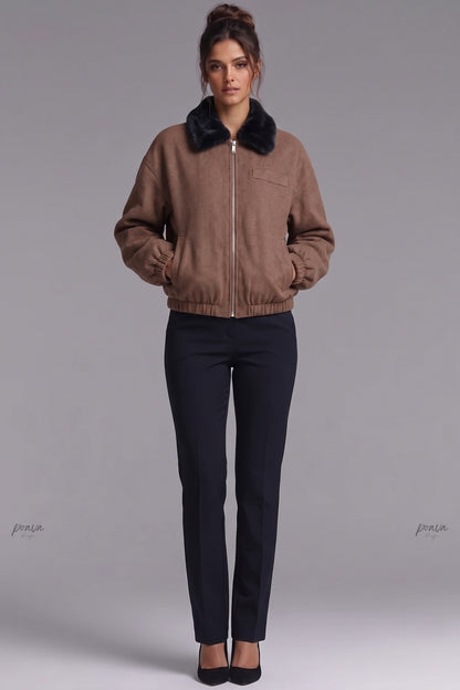 Medium Brown Boxy Bomber Jacket with Faux Fur Collar medium brown brushed woven fabric bomber jacket - product view 1