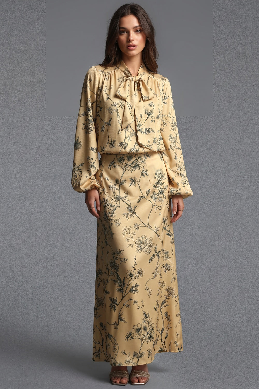 Pale Yellow Botanical Floral Two-Piece Set pale yellow satin-weave synthetic or silk blend two-piece set - product view 1