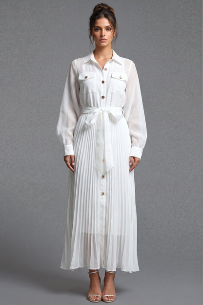 White Semi-Sheer Chiffon Pleated Shirt Dress white semi-sheer chiffon pleated shirt dress - product view 1