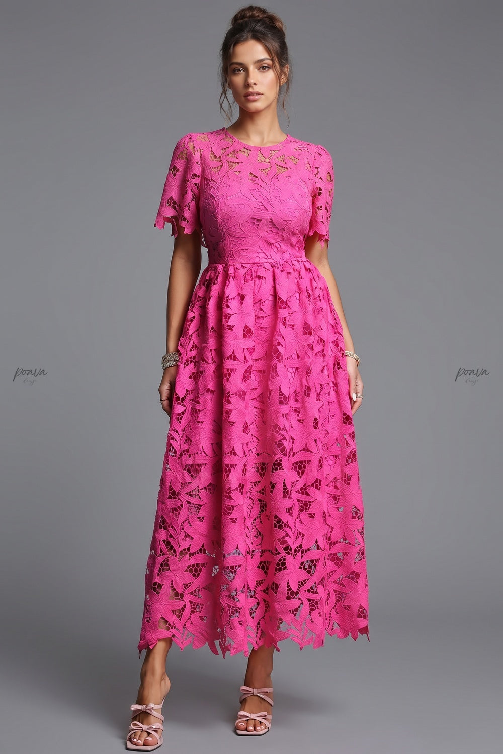 Magenta Guipure Lace A-Line Midi Dress magenta guipure lace dress - product view 1