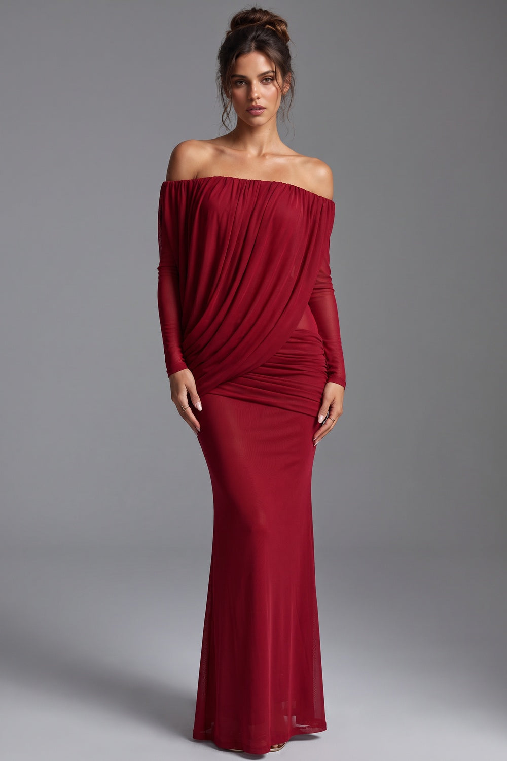 Deep Red Lightweight Stretch Mesh Column with Draped Overlay Dress deep red lightweight stretch mesh dress - product view 1