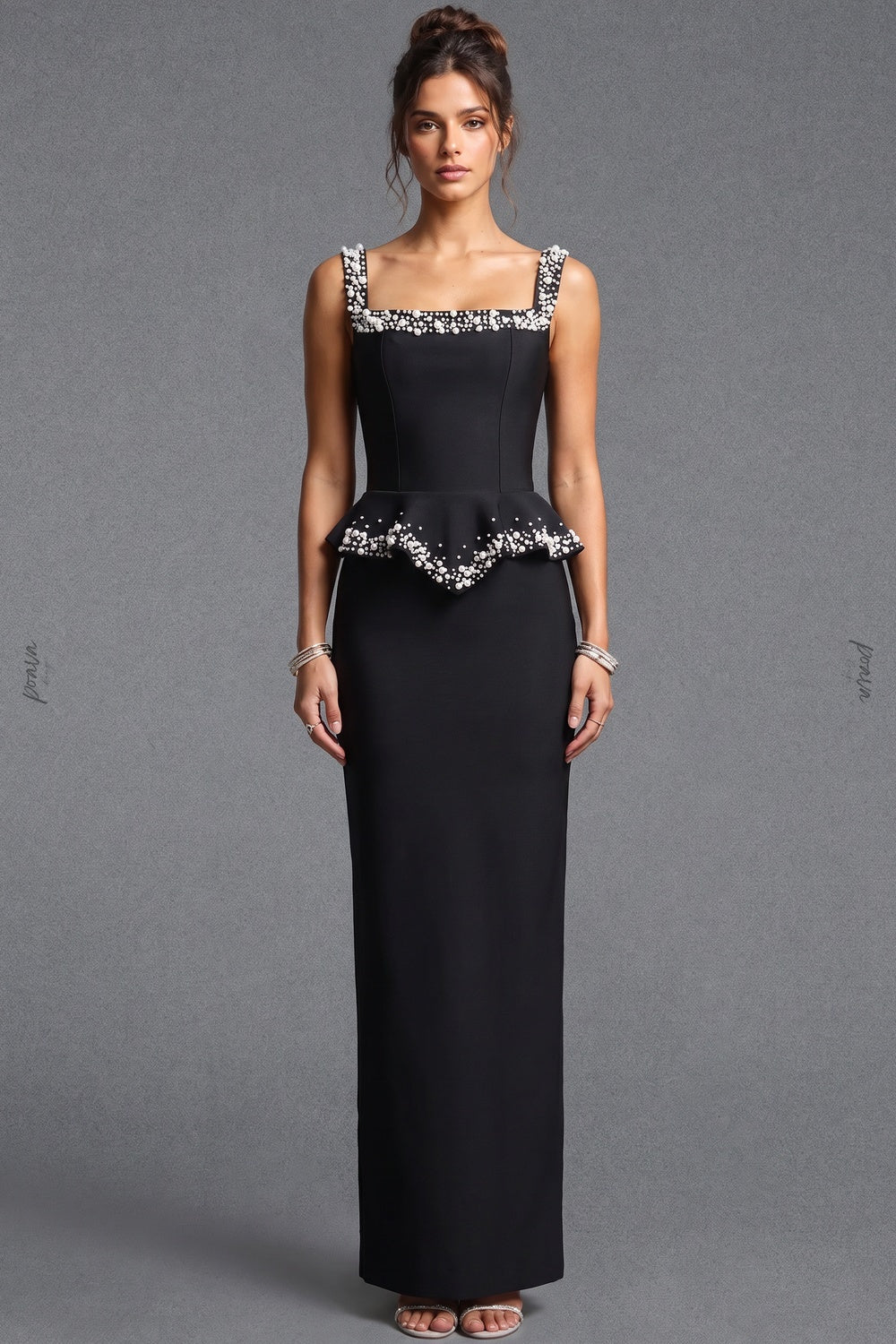 Black Heavy Crepe Column Gown with Structured Peplum and Pearl Embellishments black heavy crepe gown - product view 1