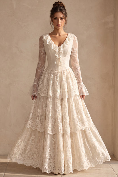Cream Floral Lace Tiered Maxi Dress with Lace-Up Bodice cream floral lace dress - product view 1