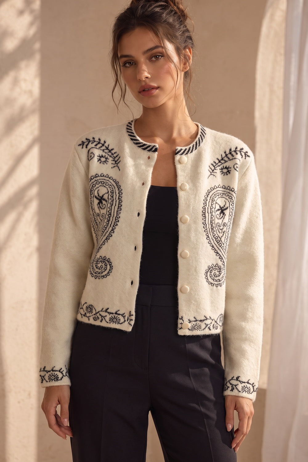 Cream Brushed Fuzzy Knit Boxy Cropped Cardigan cream, off-white brushed fuzzy knit cardigan - product view 1