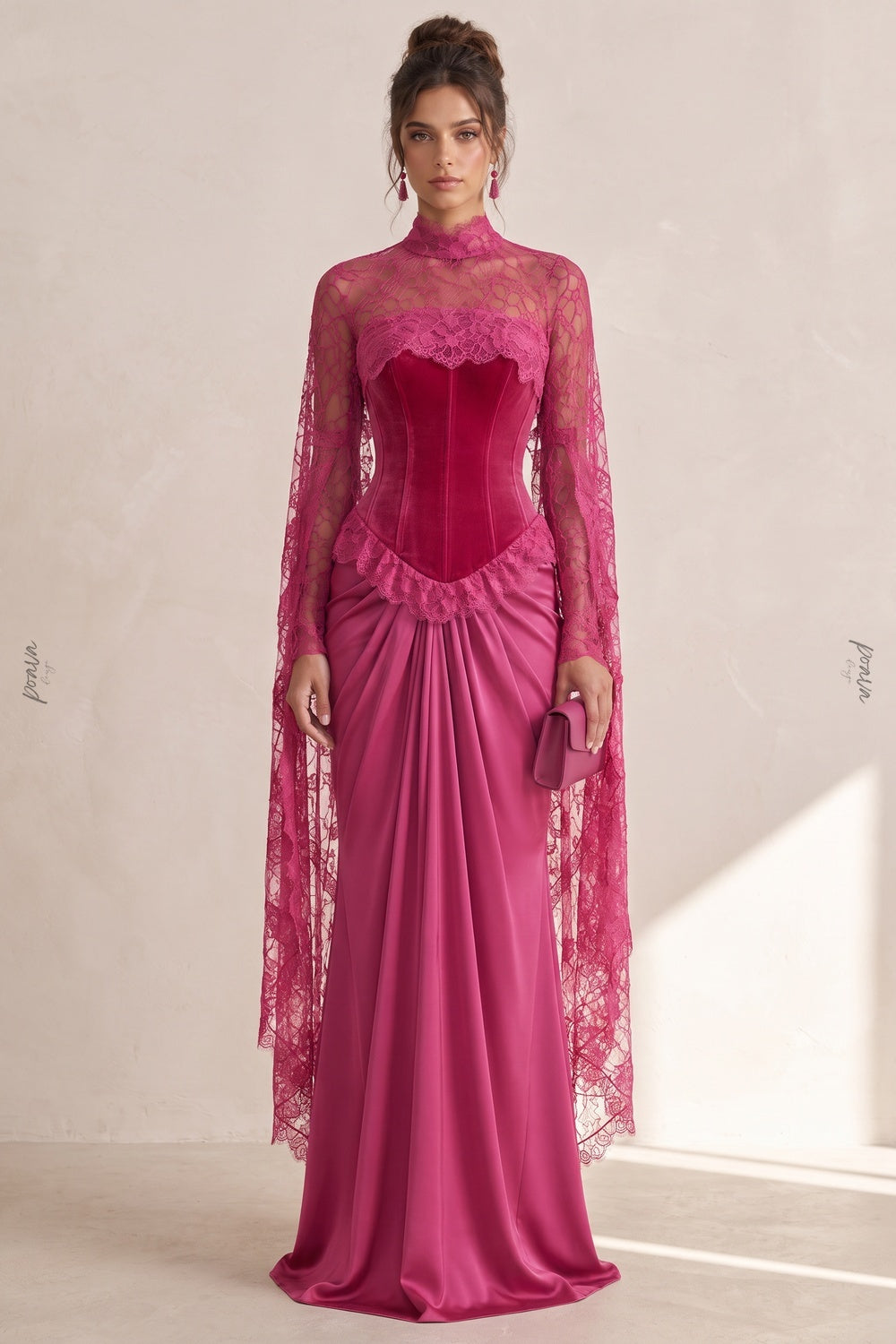 Magenta Velvet Corset-Bodice Draped Gown magenta velvet evening gown - product view 1