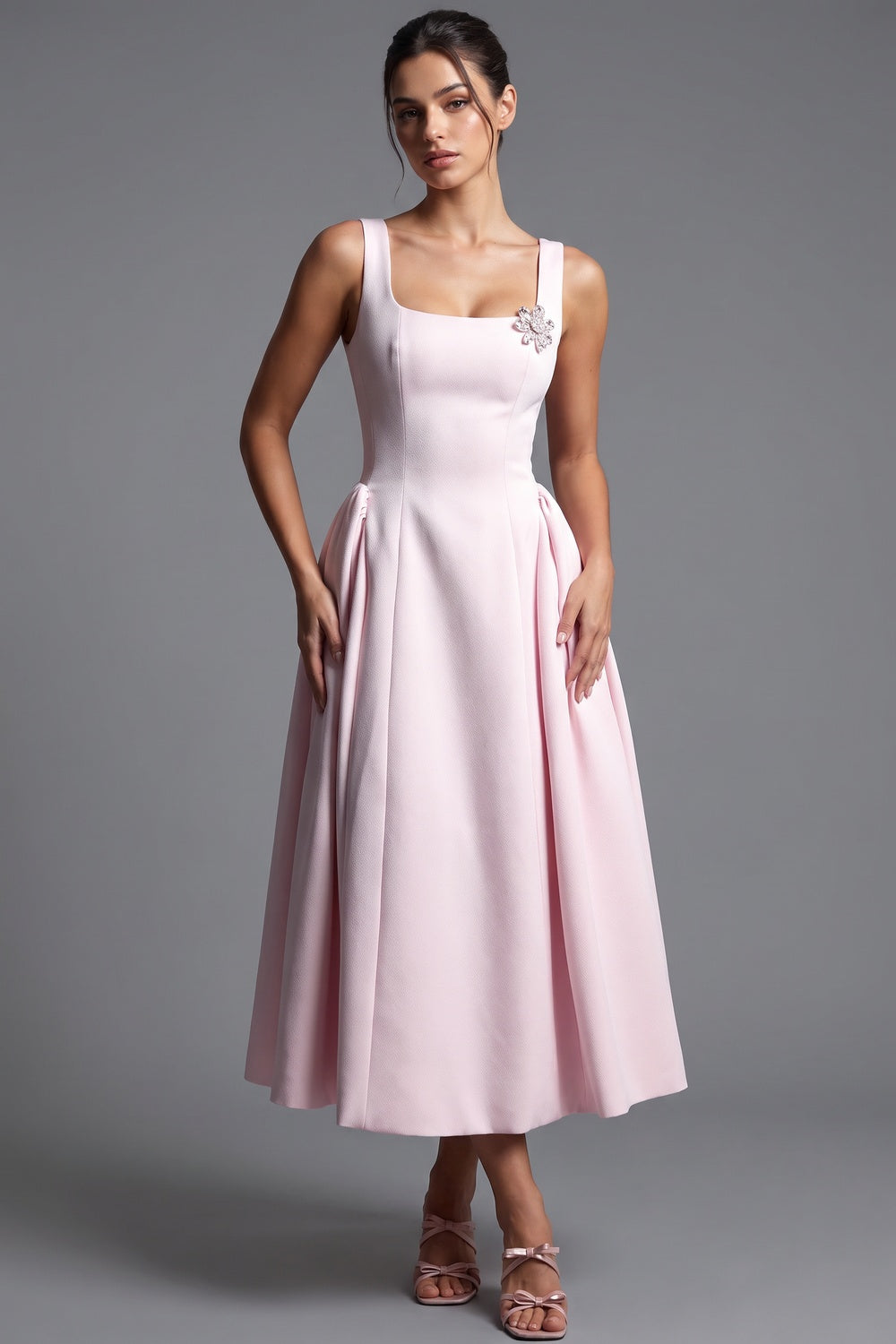 Light Pink Structured Satin Fit-and-Flare Midi Dress light pink structured mid-weight satin dress - product view 1
