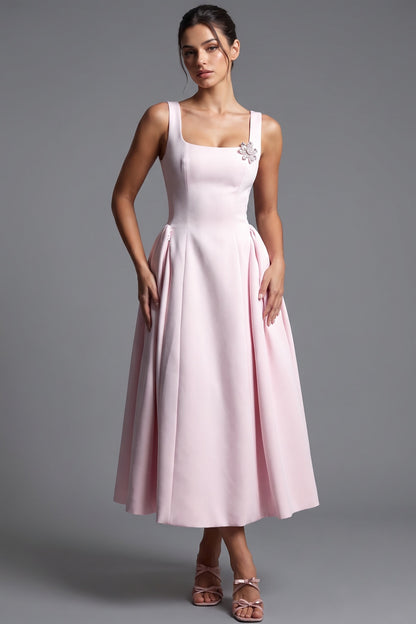 Light Pink Structured Satin Fit-and-Flare Midi Dress light pink structured mid-weight satin dress - product view 1