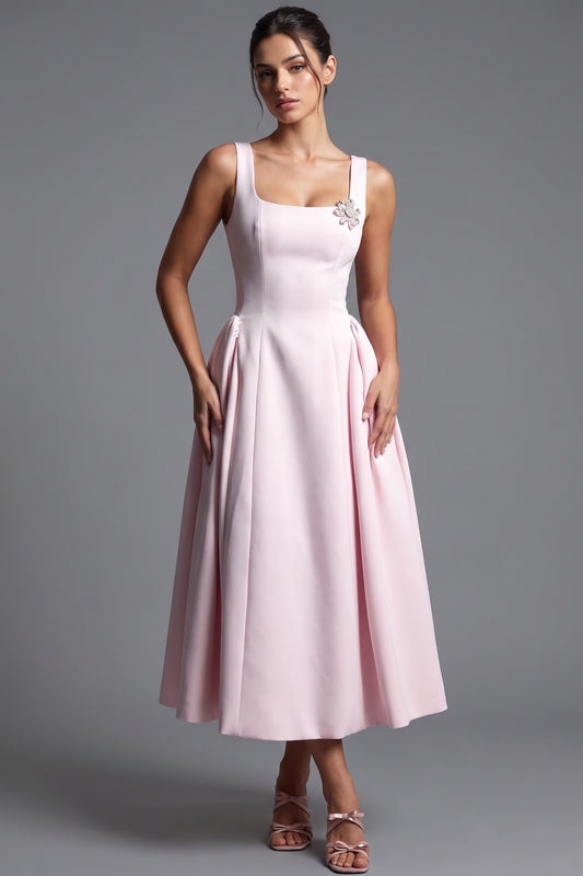 Light Pink Structured Satin Fit-and-Flare Midi Dress light pink structured mid-weight satin dress - product view 1
