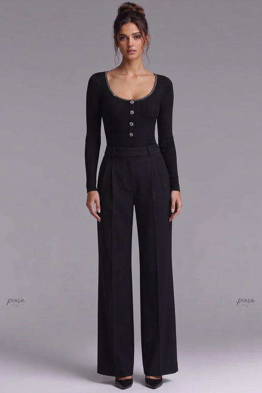 Black Ribbed Knit Fitted Top with Metallic Detail black ribbed knit knit top - product view 1