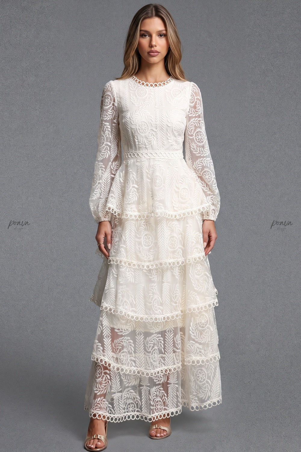 Off-white embroidered lace on mesh base tiered A-line maxi dress off-white embroidered lace on mesh base maxi dress - product view 1